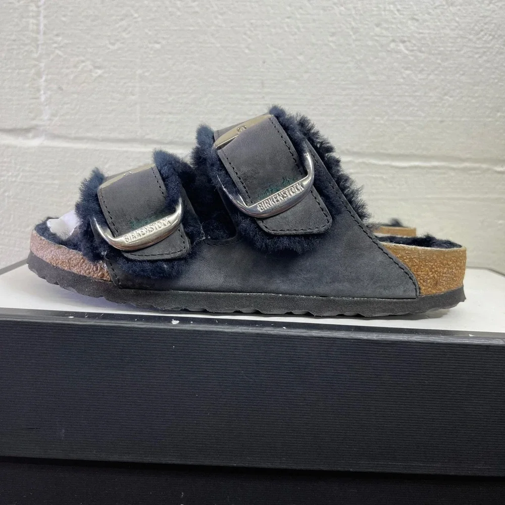 Birkenstock Arizona Big Buckle Black Shearling Sandals Slides Womens 36 EU/5 US‎